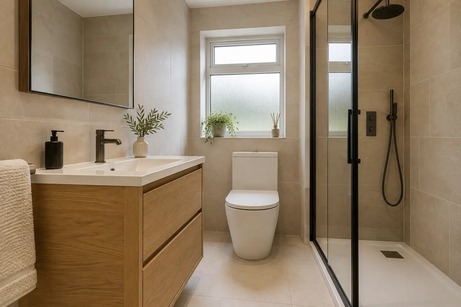 Illustrative bathroom with an oak vanity, neutral tiles and a dark-framed shower