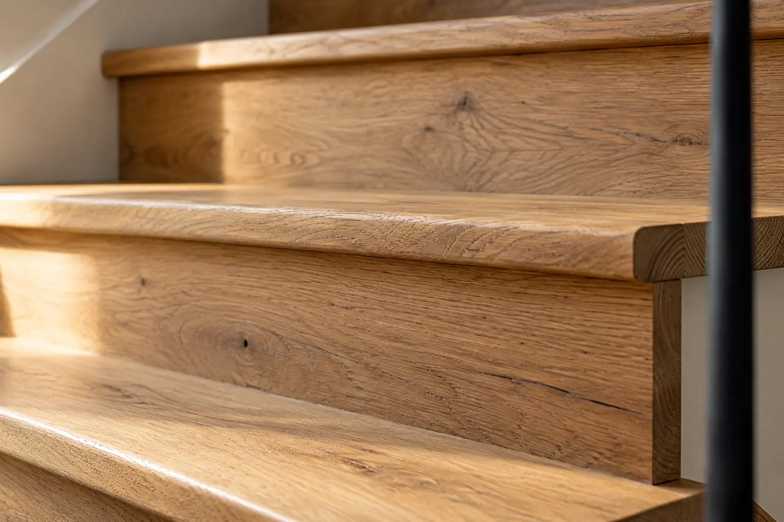 Illustrative close view of oak stair treads, risers and nosing