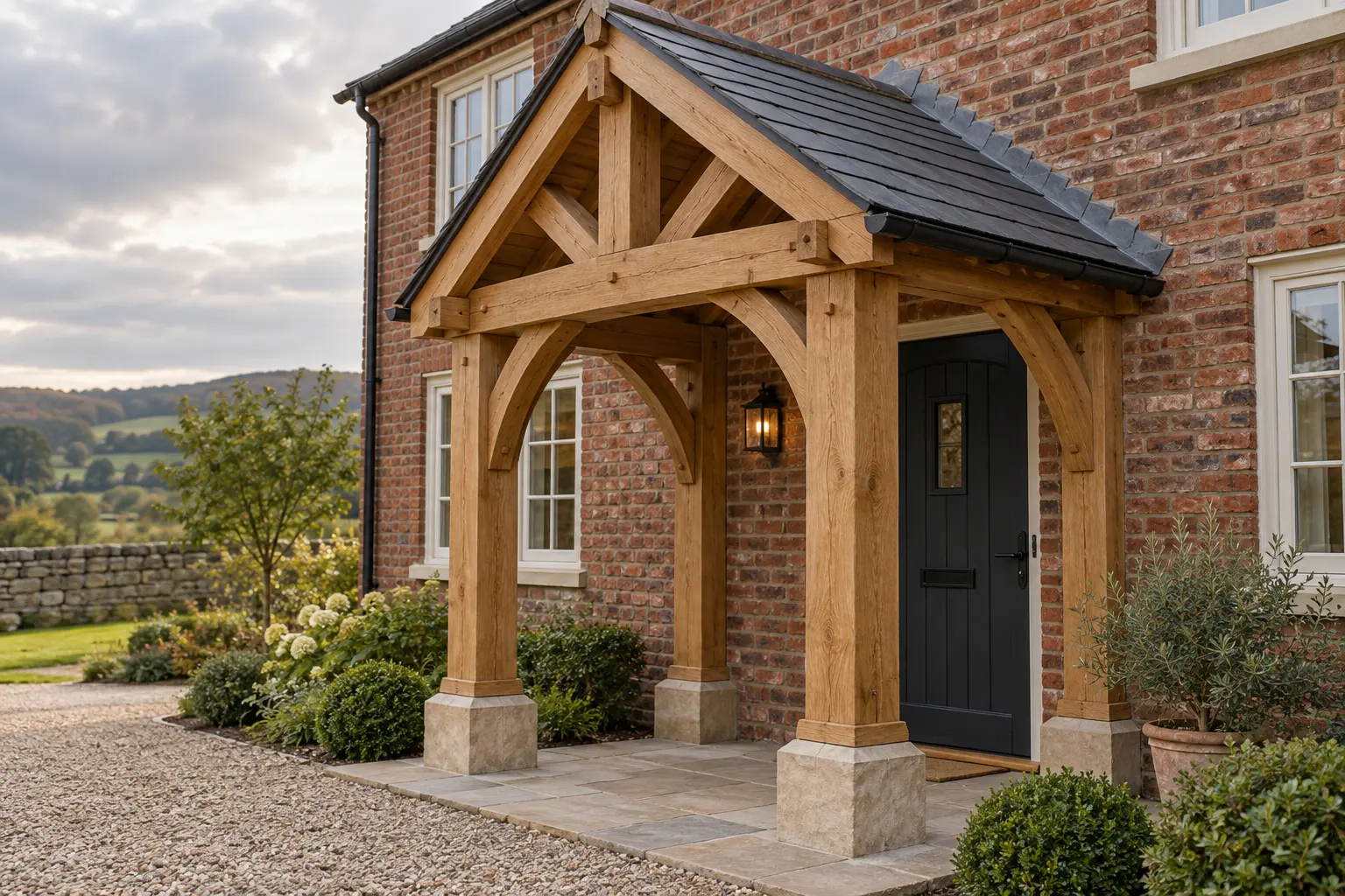 Illustrative oak-framed entrance porch on a brick house