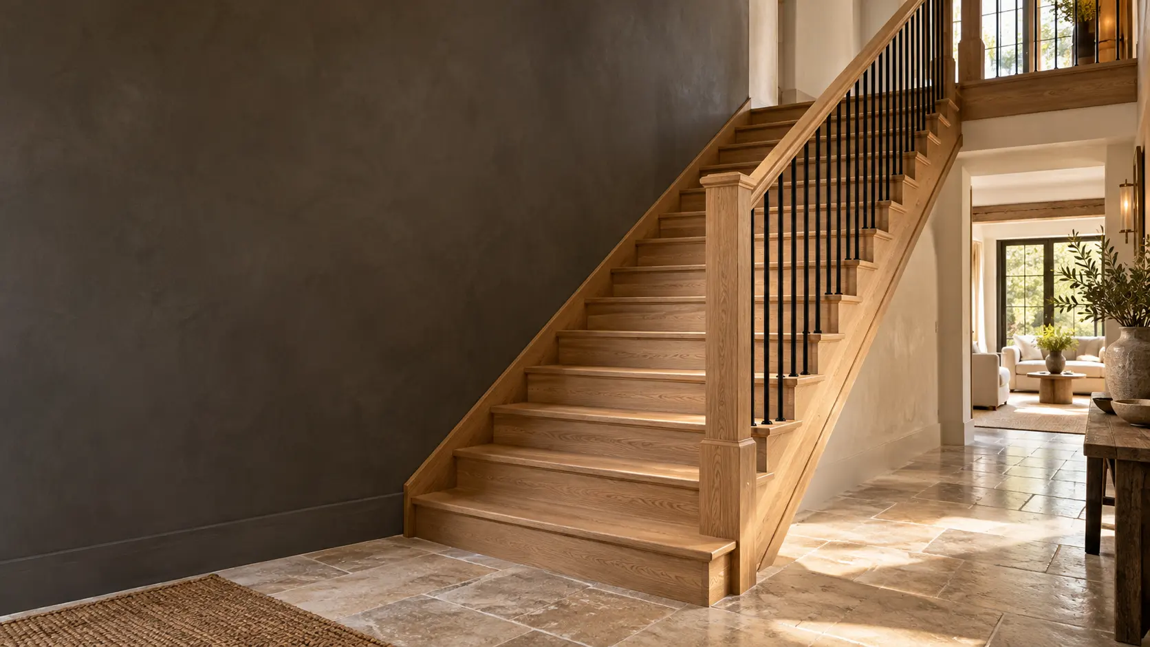 Illustrative oak staircase with black balusters in a warm hallway